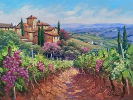 Painting, Vineyard foreground - Tuscany landscape painting, Domenico Ronca